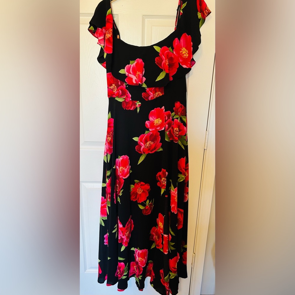 Full length black and pink floral print dress NWT